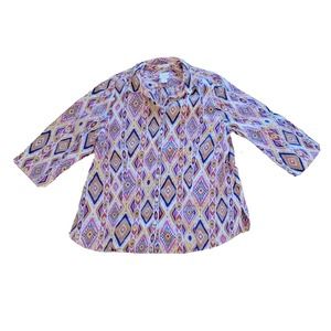 Chicos Top Shirt Womens Large Pink Linen Southwest Button Front Casual Career